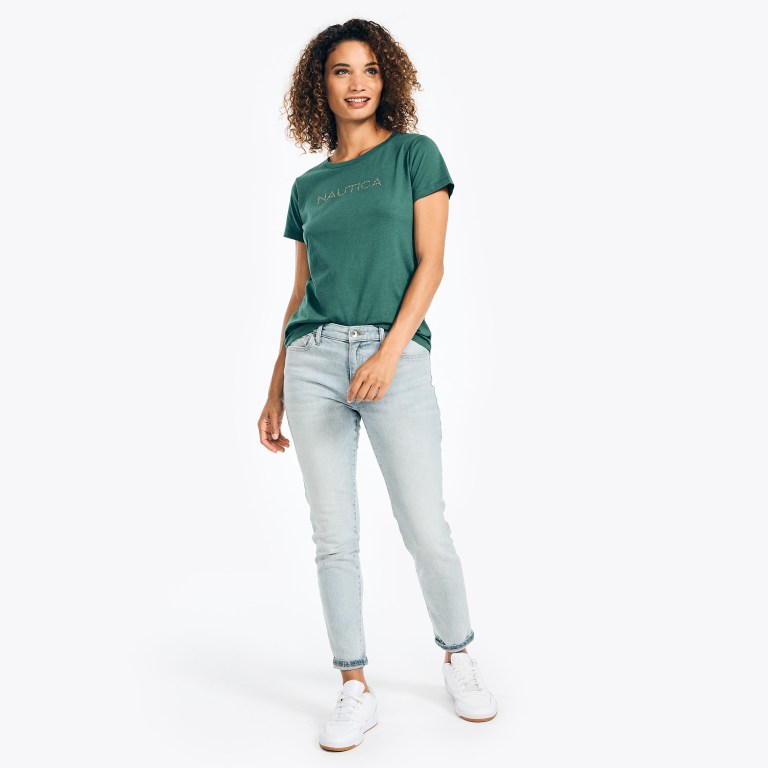 Nautica Studded Logo Crewneck Verde | OASmUi4s